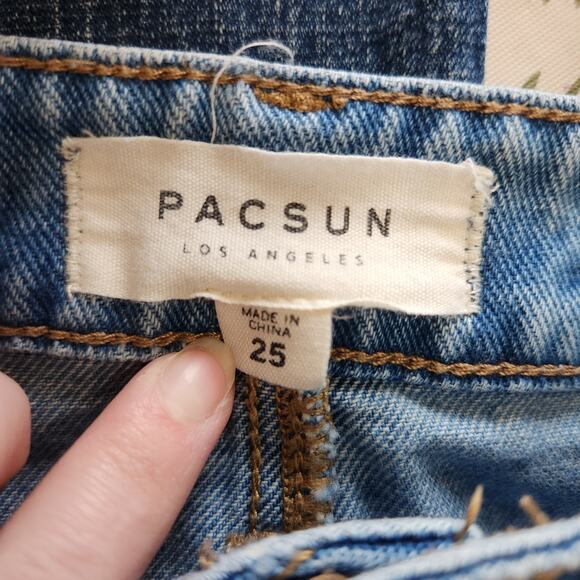 Y2K Vintage Pacsun Patchwork Denim Mini Skirt Blue Cotton Raw Hem Size 25 - Picture 9 of 11